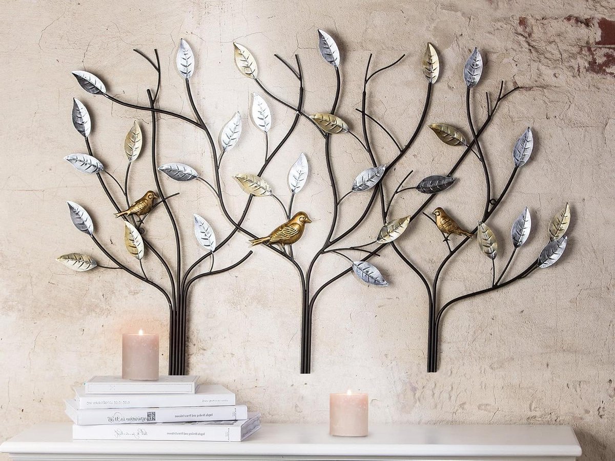 Muurdecoratie Bomen - Wandsculptuur Vogels - Woning Verfraaien - Reliëf Metaal Kunst - 104 cm Breed - Bruin Goud Zilver
