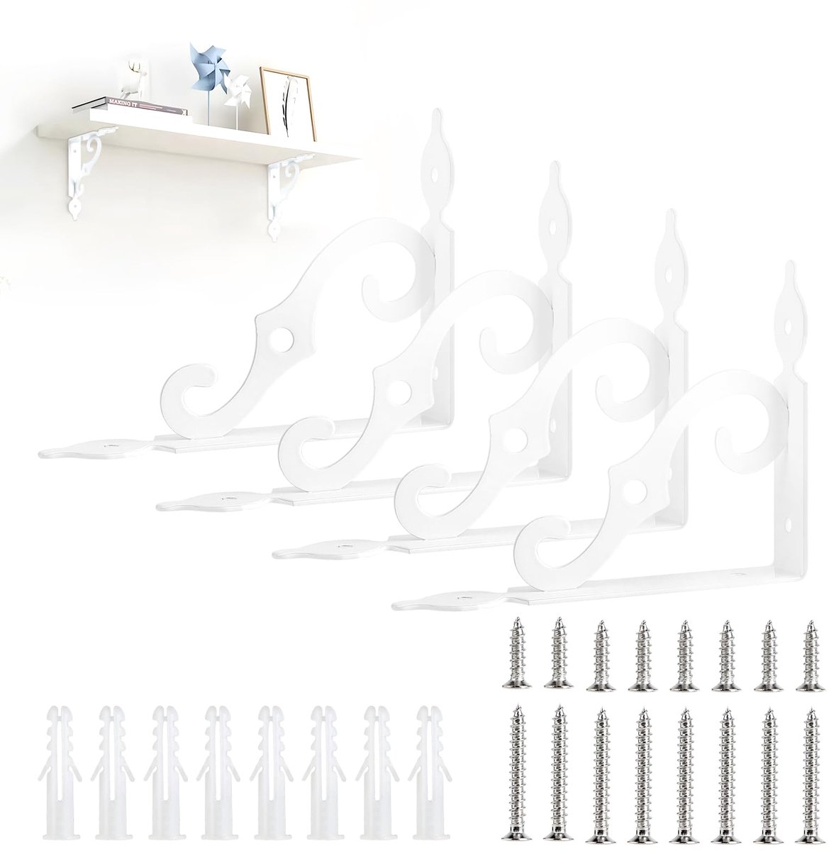 4 stuks plankhouders wit metaal 14 cm, plankhoek wit, plankdrager vintage, antieke stijl S-vormige plankhouder, zwaar dragende hoek voor wandplank, zweefplank, wandsteun, plank