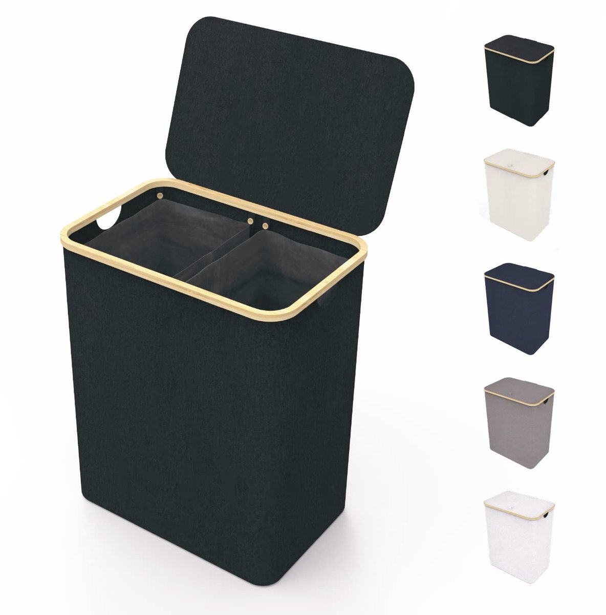 Mand met deksel & 2 compartimenten 150L Groot - Wasmand Ademend met stevig bamboe frame - inclusief uitneembare waszak Wasbaar - Wasmanden Waterdicht | Zwart
