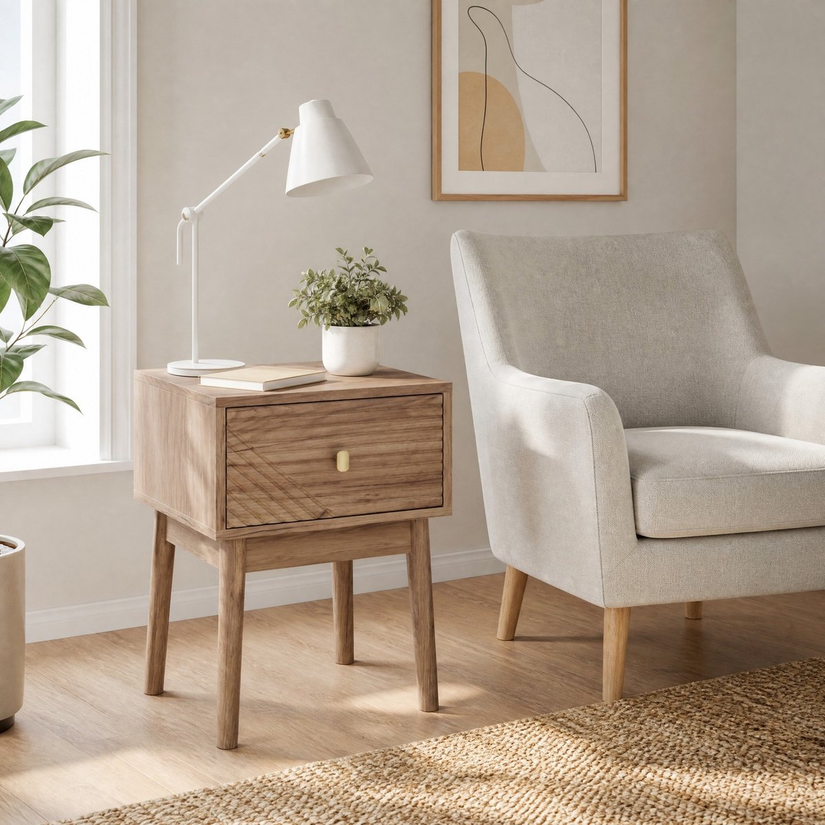 MIVRAY Nachtkastje - Moderne Bedtafel Met Lade En Metalen Greep - Voor Slaapkamer Of Als Bijzettafel - MDF In Eikenkleur - 40x40x55 Cm