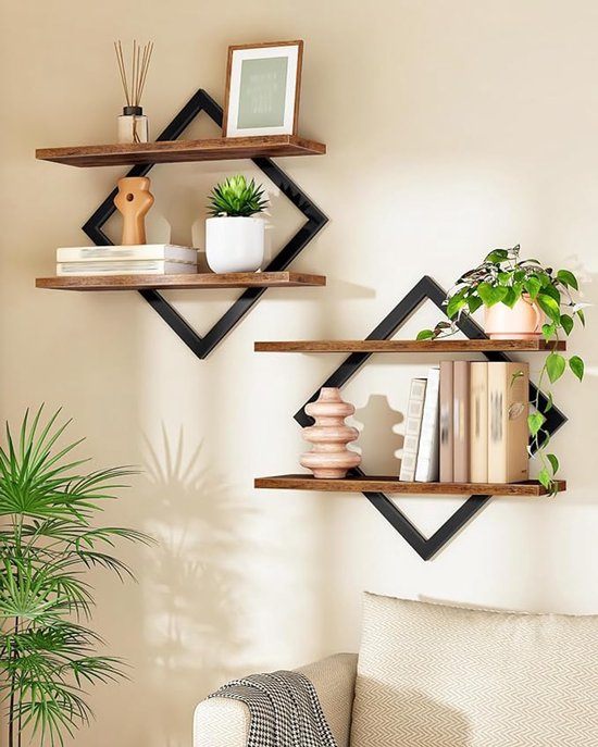 Foto: Set van 2 wandrekken met 2 niveaus zwevende wandplanken met metalen frame rustiek bruin en zwart hangrek voor woonkamer slaapkamer keuken en kantoor dtbj01p2bf