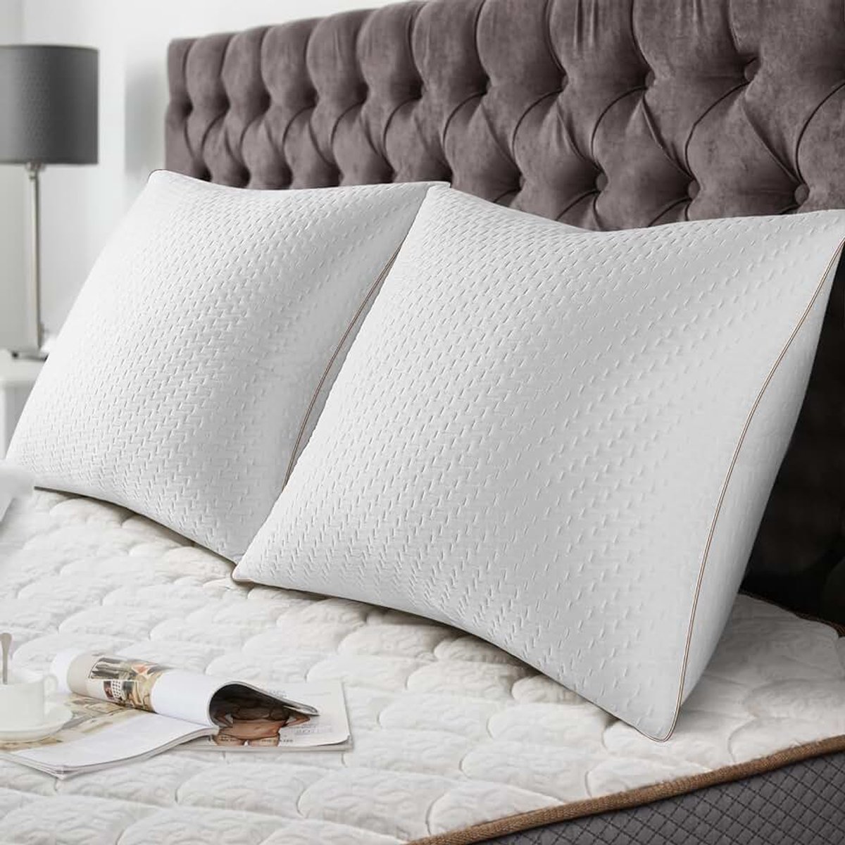 Bamboevezelkussen, bamboevezel, 60 x 60 cm, 2 stuks met afneembare kussenslopen, anti-allergische kussens met vulling, 10% 7D en 90% 3D-vezel, polyester, kussen, hotelkwaliteit