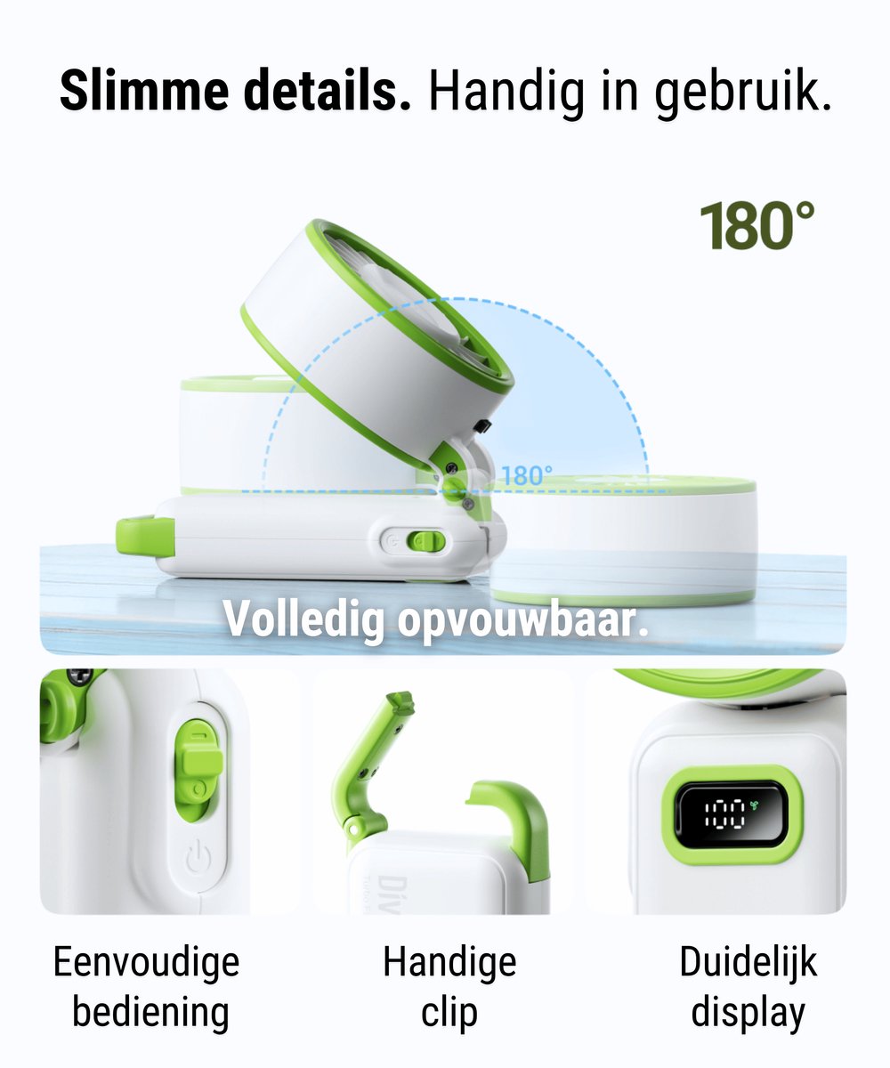 Diveblues® AIR 100 - Handventilator Oplaadbaar – Turbo Luchtstroom - 100 Snelheden – LED Display – Tot 12 uur gebruik - Koelt écht — afbeelding 4