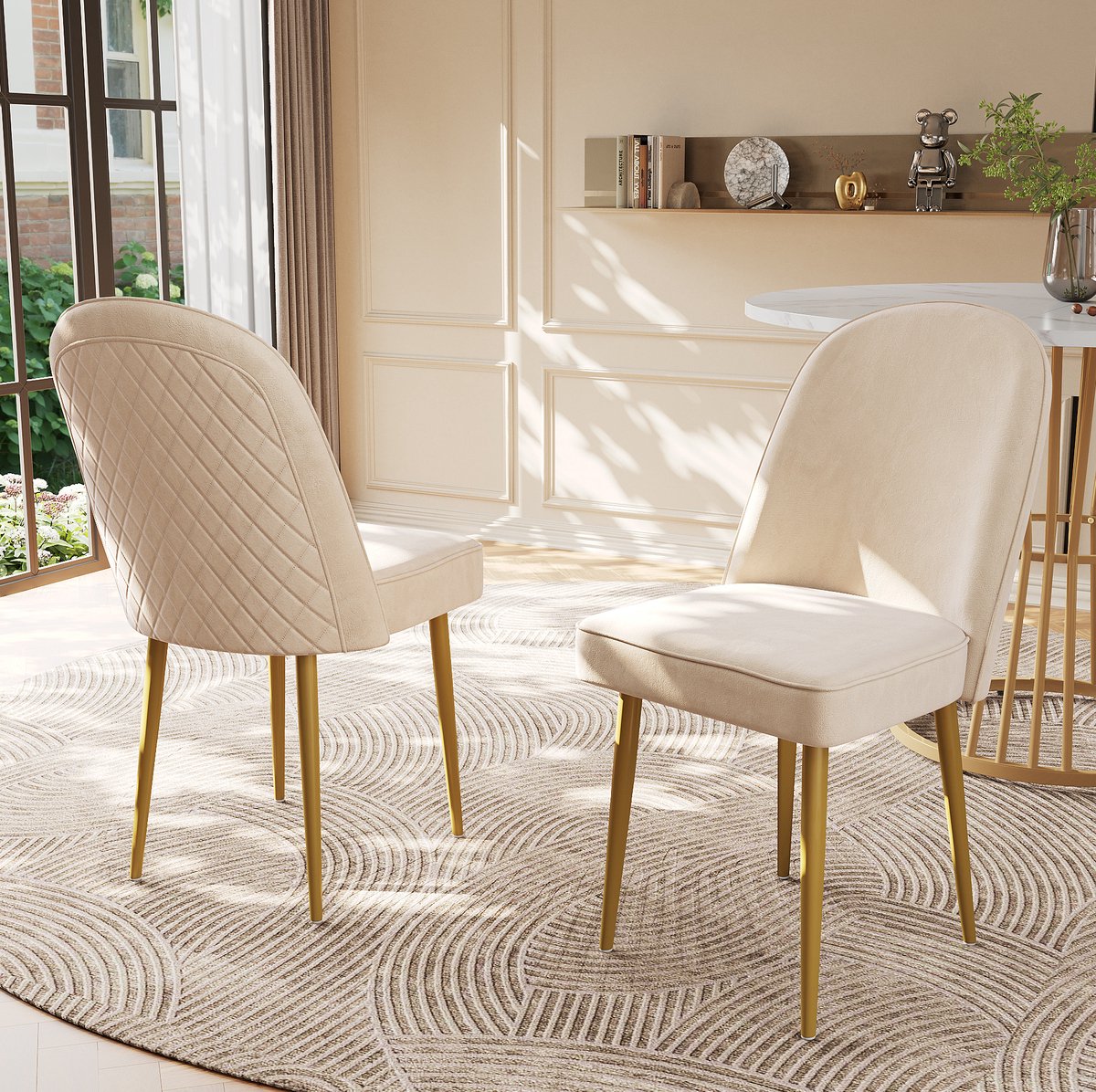 DESMIU Eetkamerstoel Set Van 2 - Beige Fluweel - Gouden Metalen Poten En Zachte Zitting - Voor Eetkamer, Woonkamer En Werkkamer - Metaal En MDF - Beige