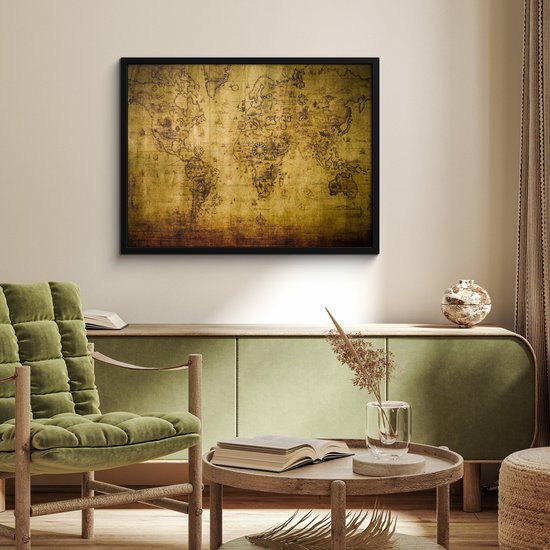 Poster in lijst - Fotolijst 80x60 cm - Posters - Wereldkaart - Bruin - Vintage - Posterlijst zwart - Decoratie - Wanddecoratie woonkamer - Muurdecoratie slaapkamer