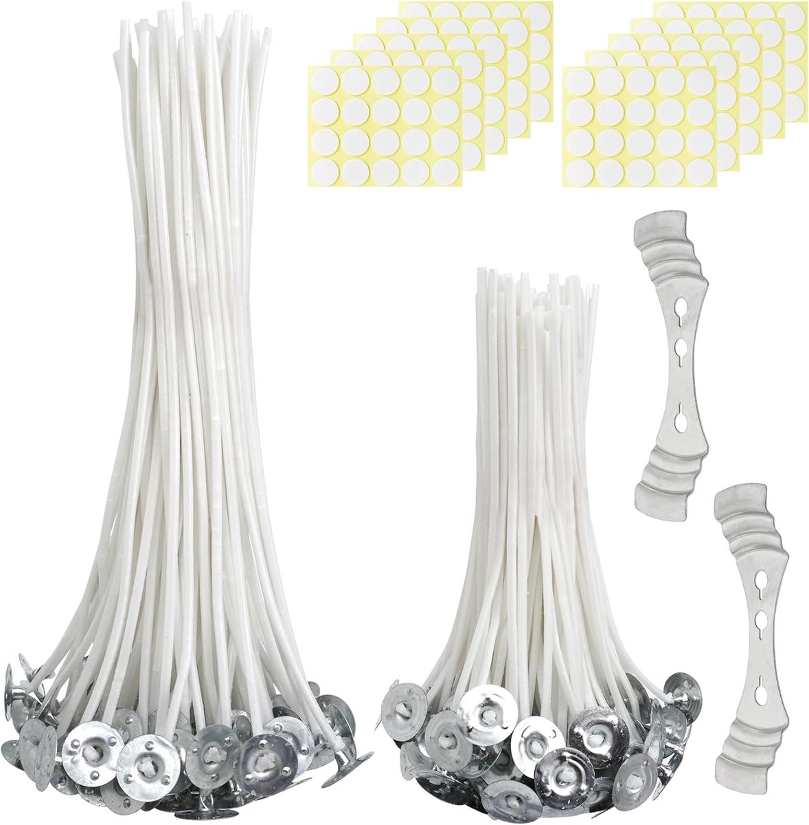 200 Stuks Kaarsenlontset voor Het Maken Kaarsen, 10cm/15cm Kaars Lont met 200 Wick Stickers, 2 Roestvrijstalen Kaars Lont Centreerapparaat, Smokeless Prewaxed Candle Wicks voor DIY Het Maken Kaarsen
