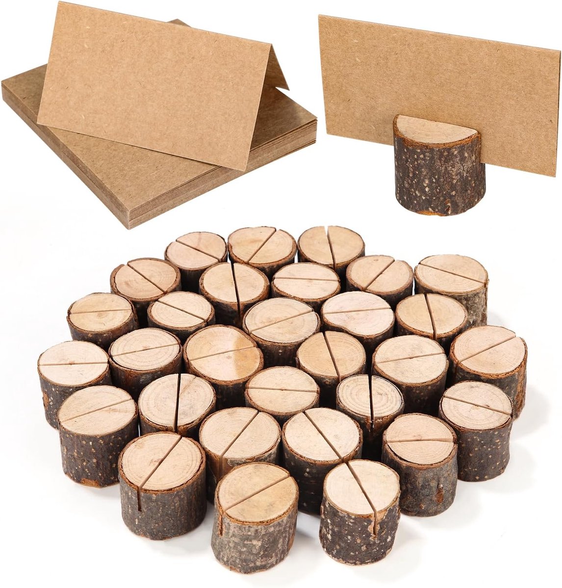 30 stuks tafelnaamhouders van hout, rustieke tafelkaarthouder, van hout, standaard cirkel met 30 kraftpapieren, fotohouder voor bruiloftsdecoraties en feestjes (30)