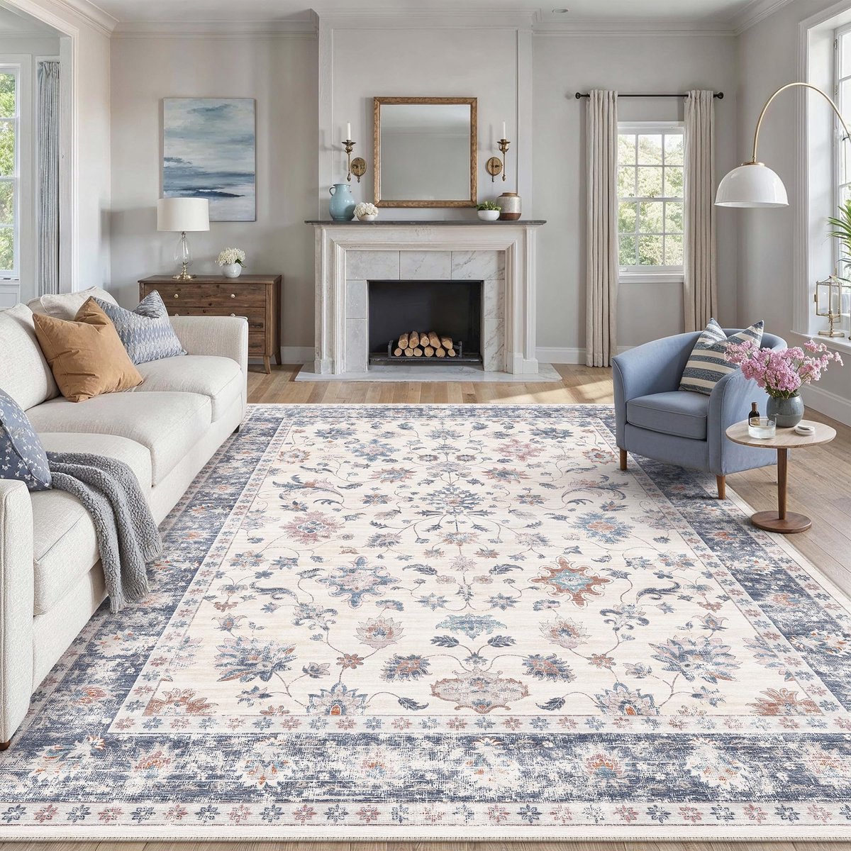 Vloerkleed woonkamer 200x300cm wasbaar bloemenpatroon laagpolig antislip zacht bloemen boho vintage tapijten groot voor slaapkamer keuken eetkamer woonkamer, blauw en wit