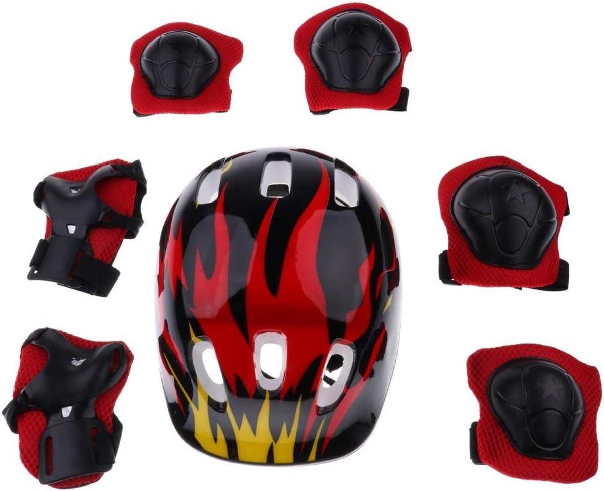Kinderen Beschermset - Helm en Pads - Buitensporten - Schokbestendig Schuim - 7 Stuks - Rood Vlam