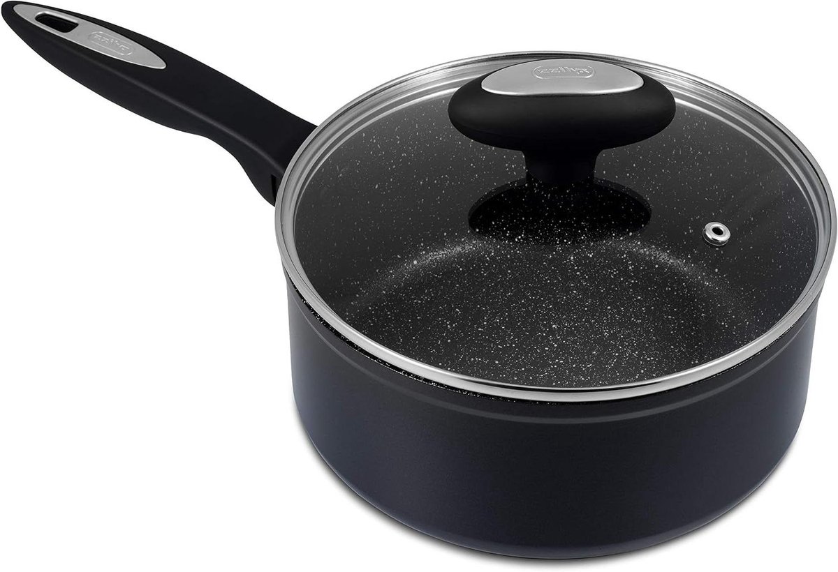 Steelpan met Deksel Kookpan Sauspan Gezond Koken Rockpearl Plus Antiaanbaklaag 18 cm Zwart