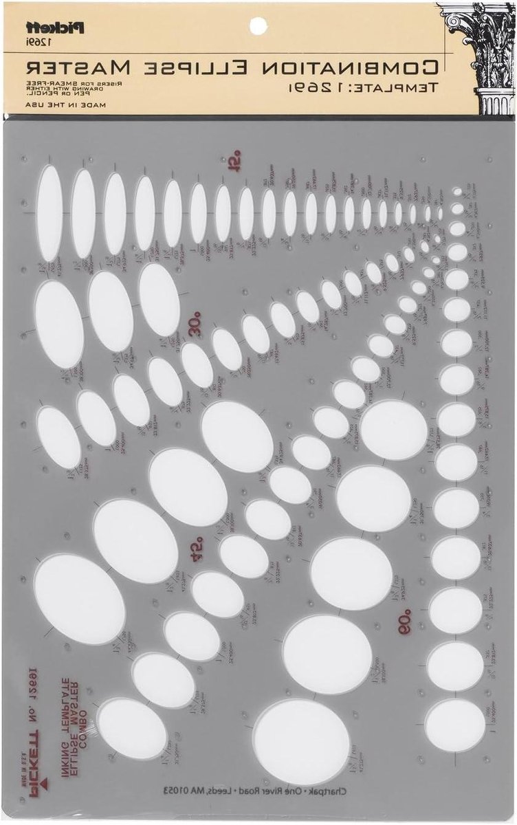 Ellipse Master Sjabloon - Tekensjabloon Ellipsen - Nauwkeurig Tekenen - Vier Projectiehoeken - Tot 1-3/4 inch - Grijs