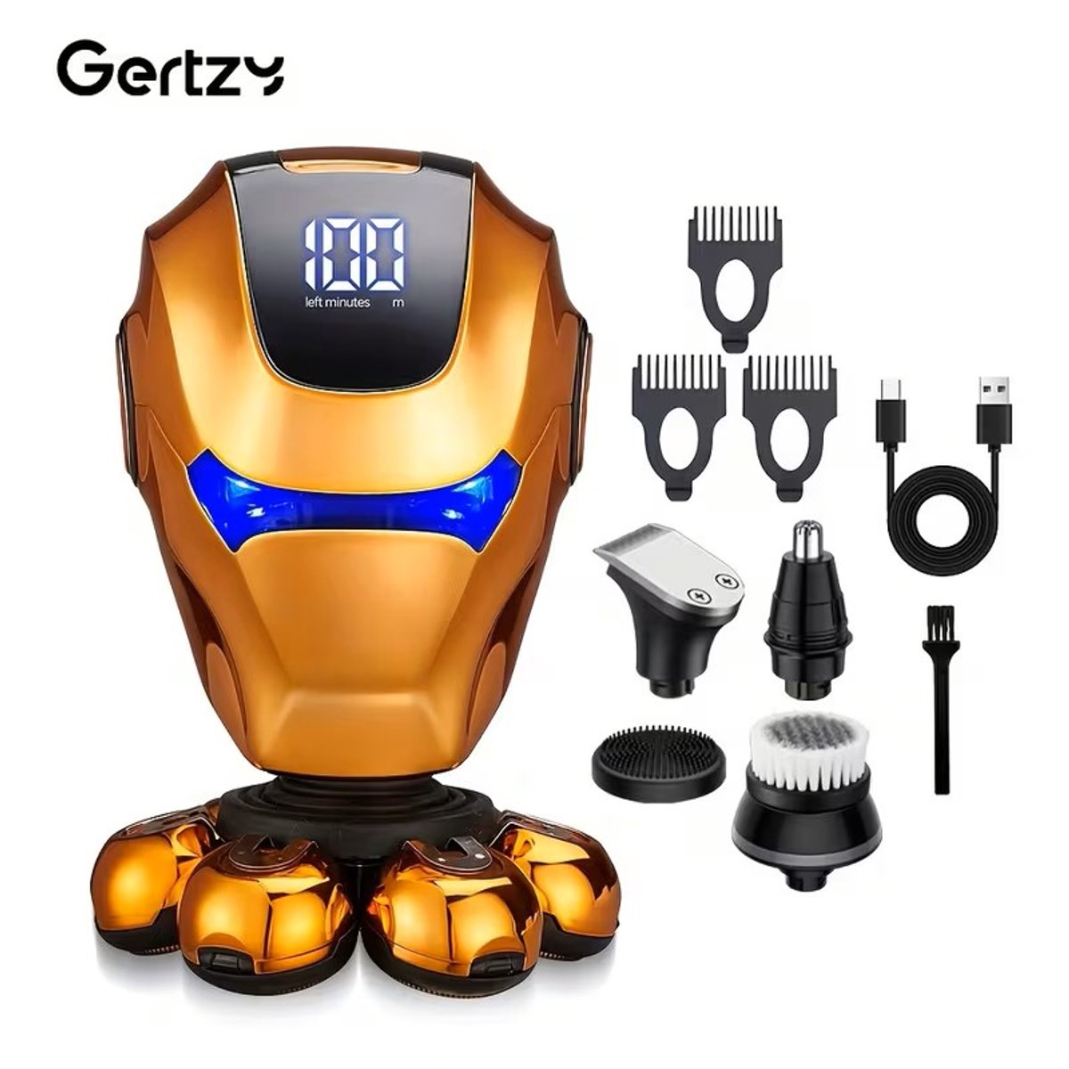 5in1 Gertzy Head Shaver - Digitale Robotic Skullshaver - Usb Oplaadbare Baardtrimmer + Headshaver + Neustrimmer + Borstel - Digitale Batterij Indicator - Perfecte Haarverzorging - Kleur: Goud