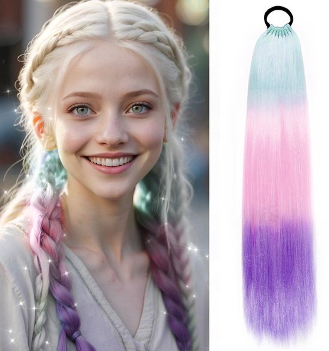 Allecto - Ponytail Extensions - Ombre Haar - 26 Inch Kleurverloop - Feestelijke Haaraccessoire - Kleurrijke Vlecht - Geschikt voor Festivals