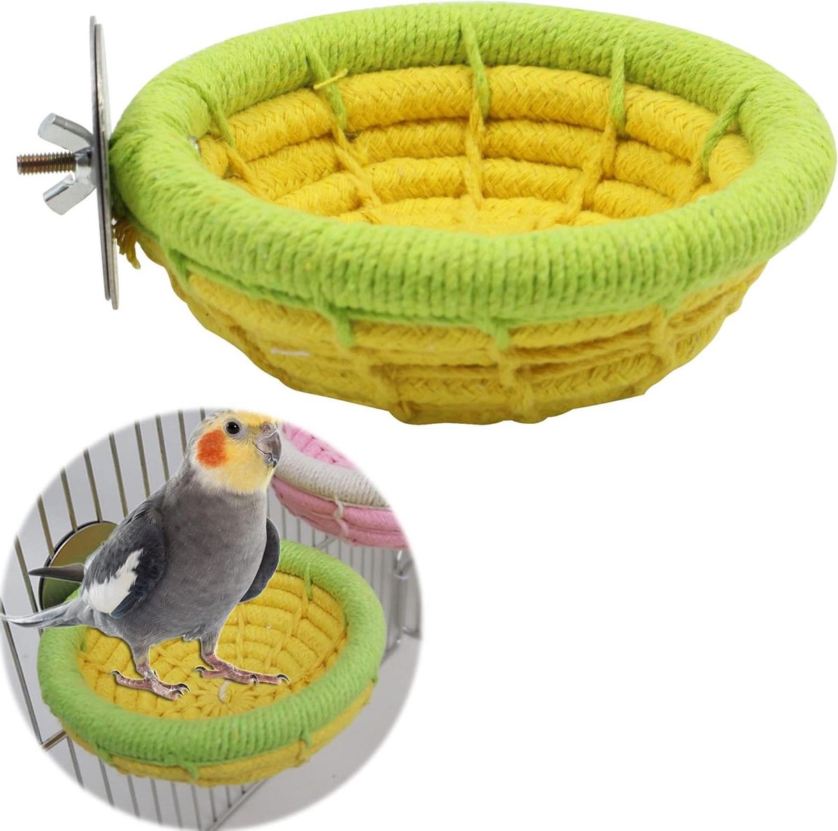 Vogelnest Katoen - Papegaaiennest Broednest - Vogels Huisvesten - Handgeweven Ontwerp - 12.5 cm Diameter - Geel