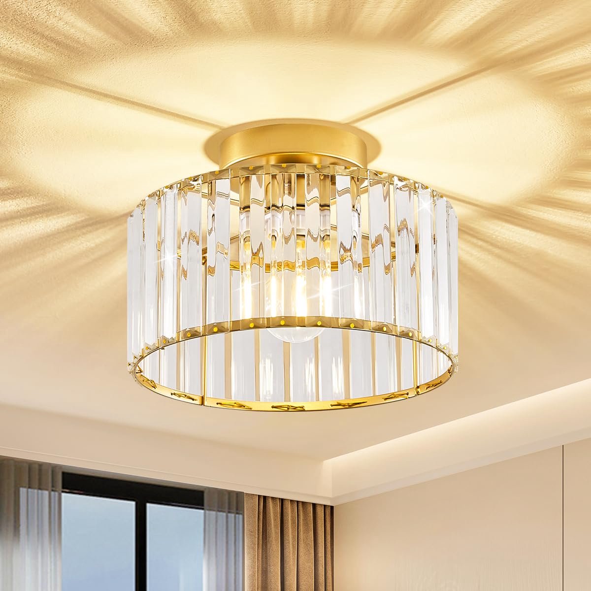 Kristallen plafondlamp, modern, goudkleurig, plafondlamp, metaal, rond, 27 cm, hanglamp vo