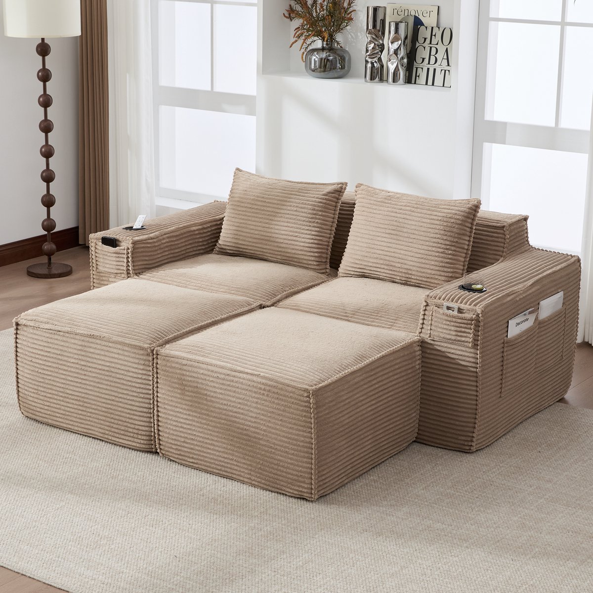 STILVORA Bank Set 188 x 162 cm - Modulaire 2-Zits Met 2 Hockers, Bekerhouders En Opbergvakken - Voor Woonkamer En Appartement - Cord Khaki