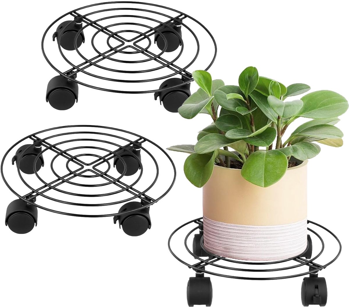 3 stuks metalen plantenwagens met vergrendelbare wielen, ronde bloemenwagen met een diameter van 27 cm voor binnen en buiten, weerbestendige bloempotwagen (zwart)