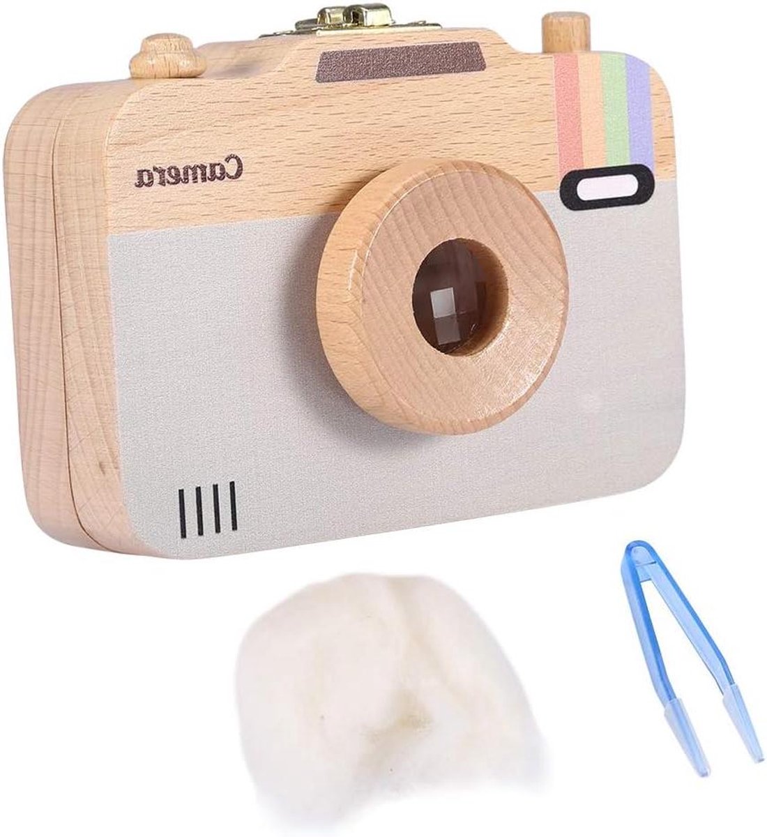 Opbergdoos Hout - Melktandendoos Baby Haar - Herinneringen Bewaren - Cartoon Camera Patroon - 13.9 x 10.5 x 3.7 cm