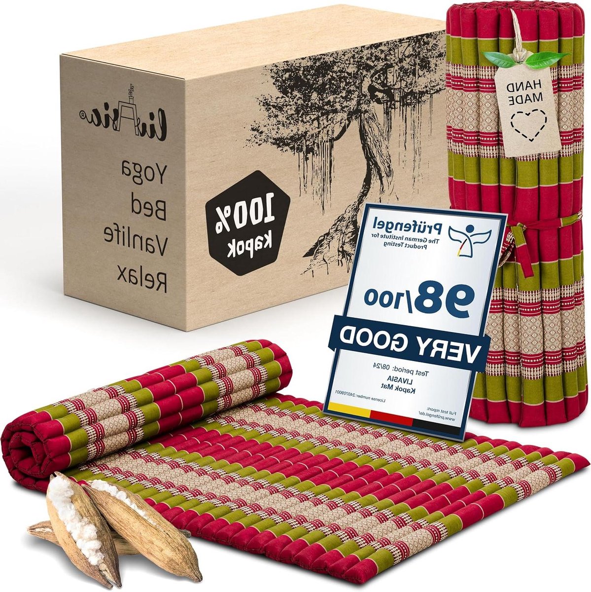 Rolmat Gastenbed - Matras Reisbed - Ontspannen Buiten - Handgemaakt Kapok Vulling - 200x110x45cm - Rood Groen