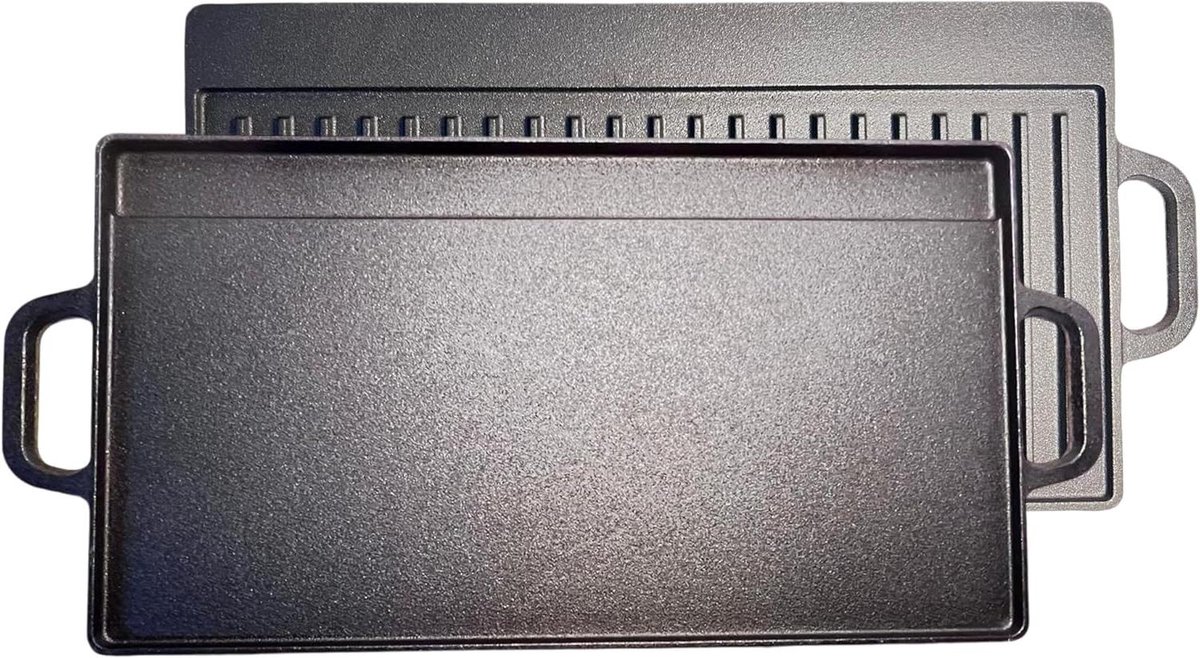 Gietijzeren Grillpan Dubbelzijdige Koekenpan Binnen en Buiten Grillen Antiaanbaklaag 42 x 23.5 cm Zwart