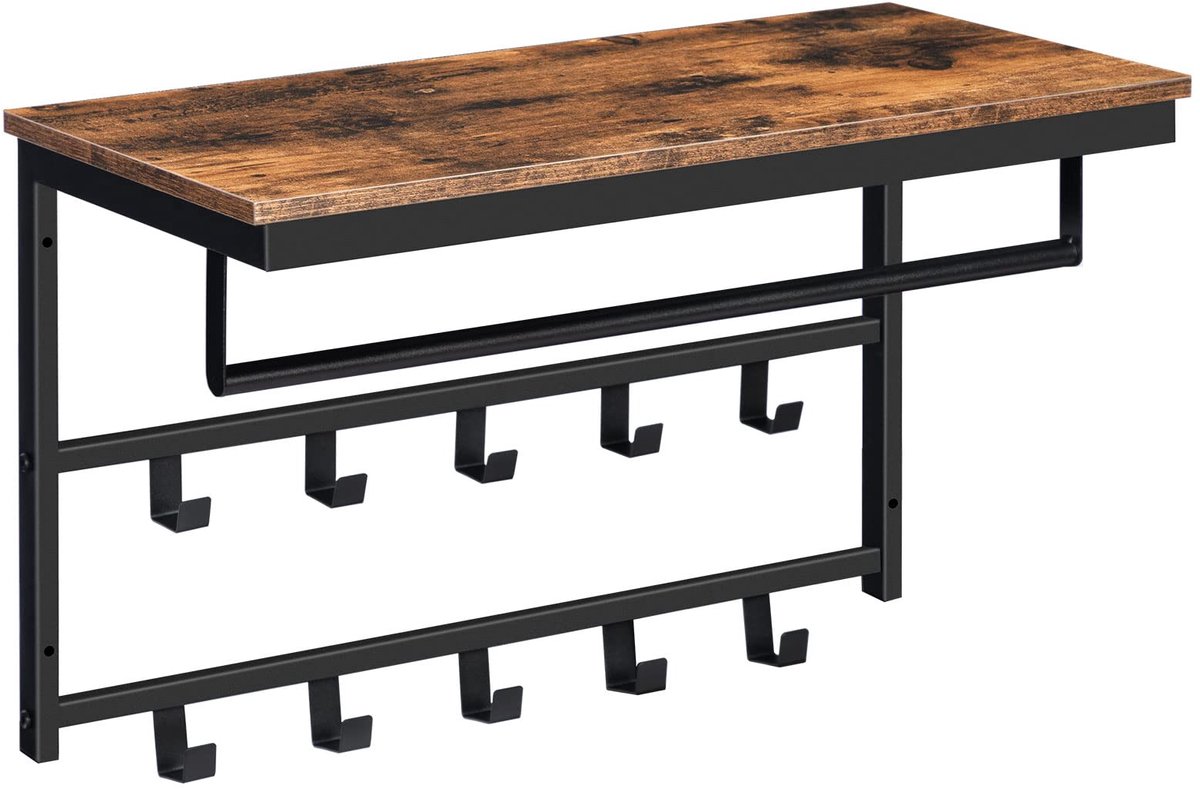 Wandgarderobe met plank, wandrek met 10 haken en stangen, wandgemonteerd hangrek, 60 x 30 x 42 cm, voor woonkamer, slaapkamer, badkamer, vintage bruin-zwart EBF60YM01