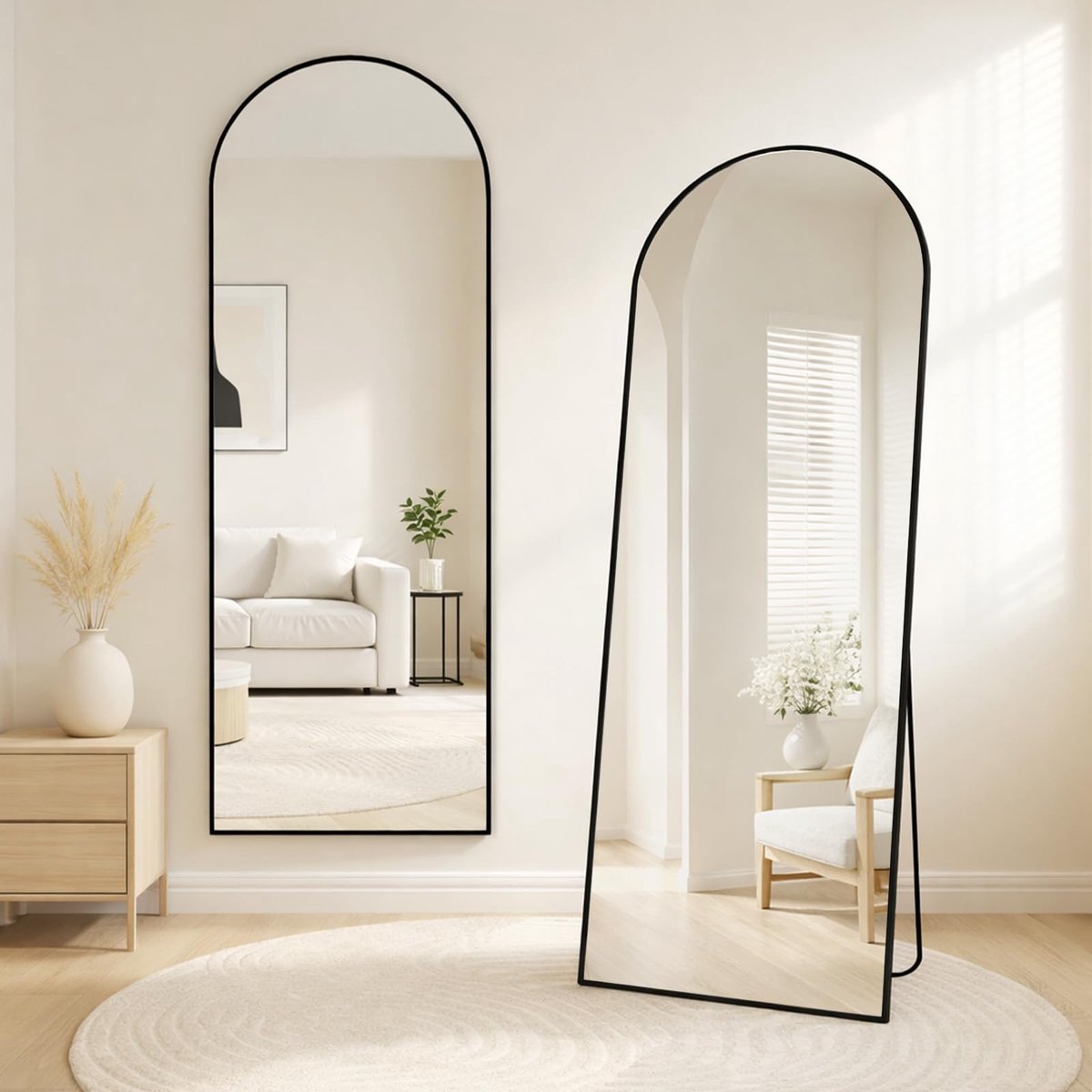 Spiegel, boogspiegel op voet om op de vloer neer te zetten, frame van aluminiumlegering, gehard glas, boogdesign voor slaapkamer, woonkamer en hal
