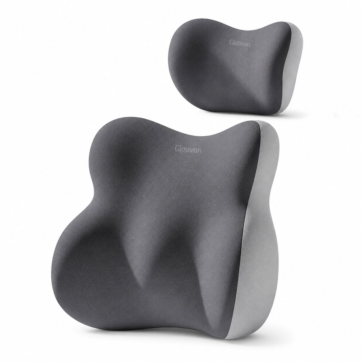 Gloovon Ergonomische Kussenset (2-delig) - Lendensteun & Neksteun - 4-Zone Rugsteun - Traagschuim - Auto & Bureaustoel - Dubbel Grijs