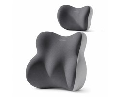 Gloovon® Ergonomische Kussenset (2-delig) - Lendensteun & Neksteun - 4-Zone Rugsteun - Traagschuim - Auto & Bureaustoel - Dubbel Grijs