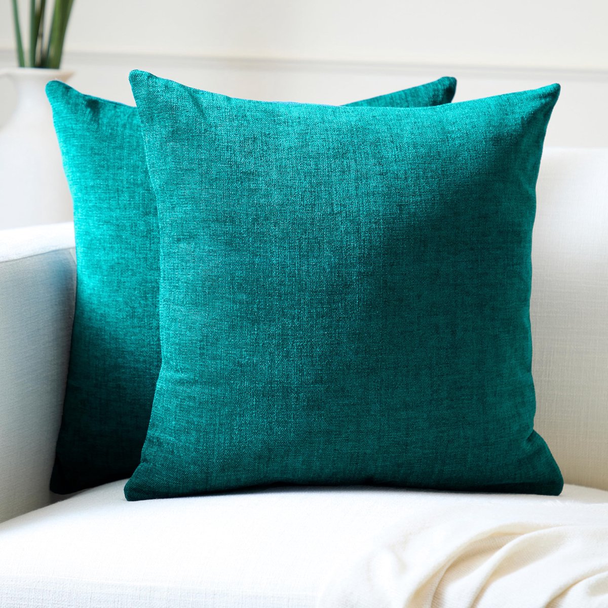 Homes Chenille Throw Pillow Covers 2 stuks Set - Azul Blue - 50 x 50 cm Textured Solid Colour, Soft & Smooth, Square Accent Decorative Cushion voor Couch, Sofa, Chair, Bed & Floor