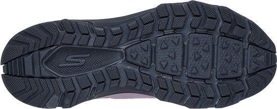 Zool van een paarse wandelschoen voor dames, met profiel en Skechers 'S' logo.