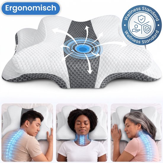 Ergonomisch wit traagschuim kussen met grijze accenten. Toont hoe het kussen de nek en wervelkolom ondersteunt bij rug-, buik- en zijslapers.