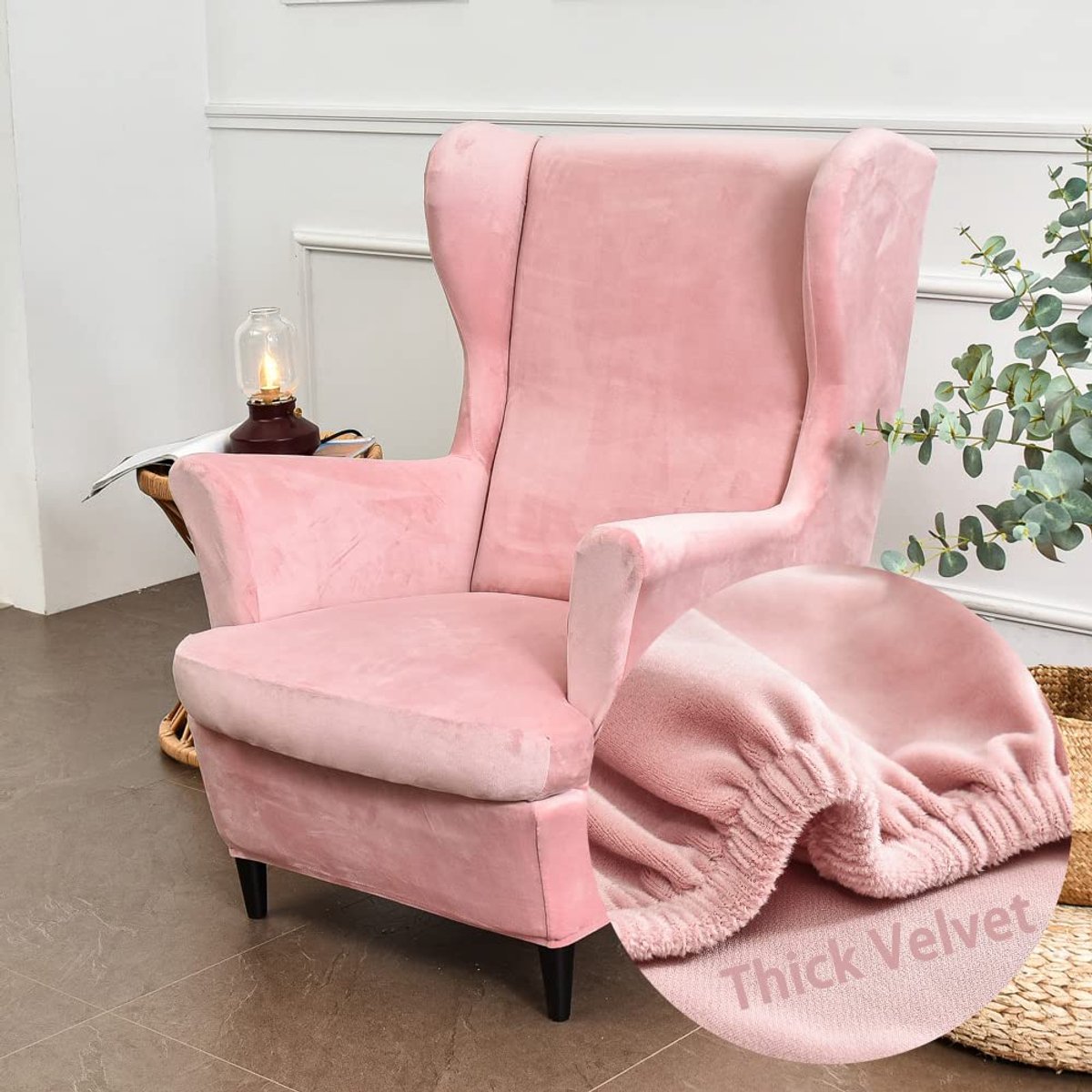 vleugelstoel hoezen 2-delige stretch vleugelstoel hoes, modieuze effen kleur. Fluwelen Strandmon bankhoes. Meubelbeschermer voor fauteuil stoelen voor woonkamer, slaapkamer of hotel (roze)