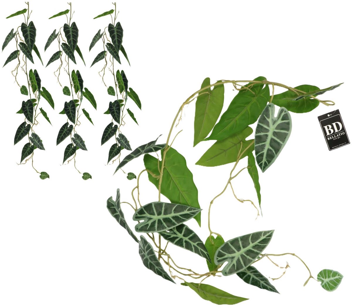 Bellatio Design kunstplant / hangplant slinger - 4x - Alocasia - groen - 105 cm lang - planten guirlandes - bladeren
