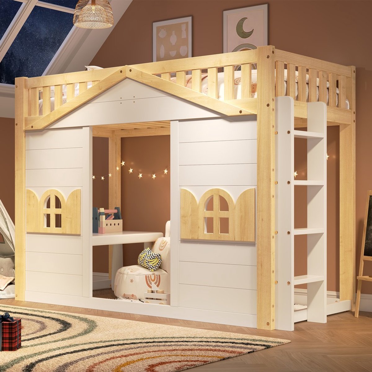 KOMHTOM Stapelbed - 90x200 cm - Kinderbed - Hoogslaper - Houten Bed - Huisbed met Raamvorm - Wit en Natuurlijke Kleur - Speelruimte Onder - Jeugdbed
