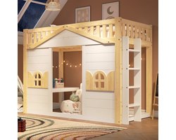 KOMHTOM Stapelbed - 90x200 cm - Kinderbed - Hoogslaper - Houten Bed - Huisbed met Raamvorm - Wit en Natuurlijke Kleur - Speelruimte Onder - Jeugdbed
