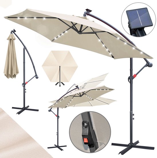 Zweefparasol - Ø300 cm - Solar LED 24 - Incl. Kruisvoet 100x100 cm - UV 50+ (UPF) - Kantelbaar in meerdere standen - Waterdicht Polyester - Ventilatie - Handzwengel Beige