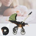 Legergroene kinderwagen ingesteld op 170 graden, met een detailweergave van de verstelknop aan de zijkant.