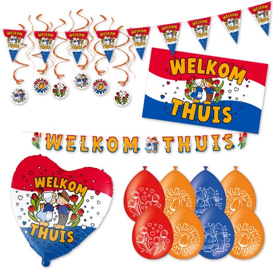 Feestpakket 'Welkom Thuis' met vlaggenlijn, slingers, ballonnen en hartvormige ballon.