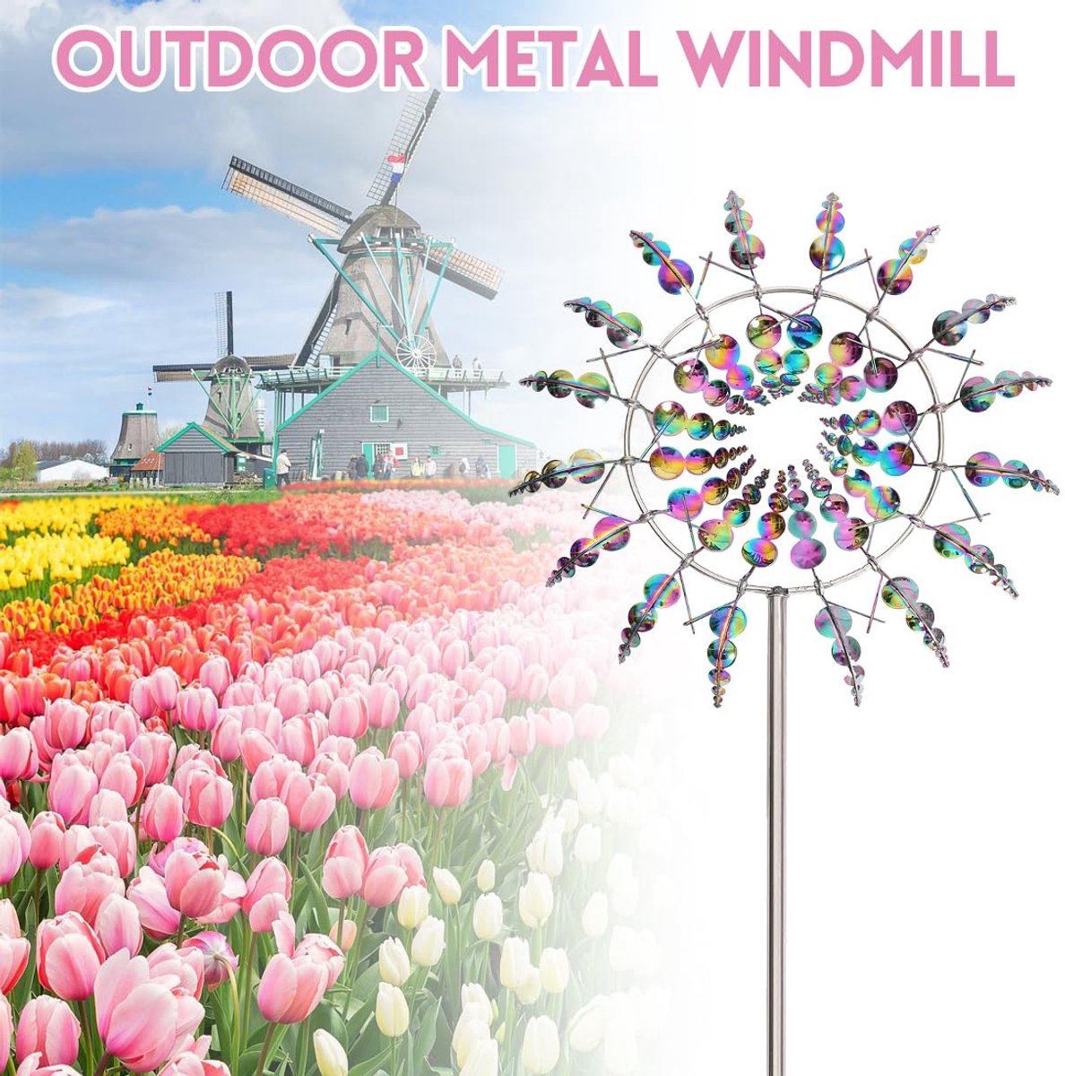 windmolen, 3D unieke en magische metalen windmolen, windspinner voor buiten, 360° dual rotors kinetische windspinner, wind metalen vanger, tuinsteker, windgong voor tuin (kleurrijk)