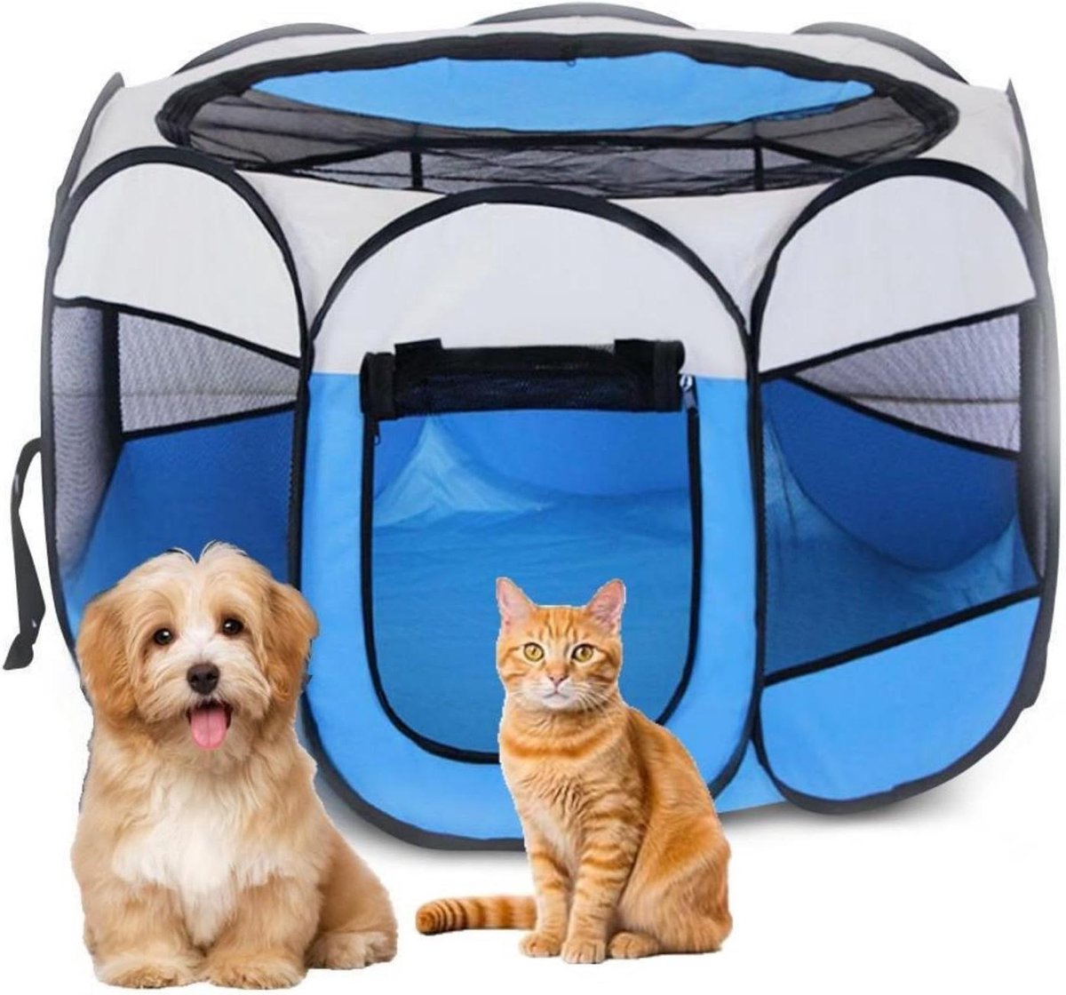 Opvouwbare dierenren - Honden en katten - Veilig spelen - Met ritsdeuren - 74 x 74 x 43 cm - Blauw