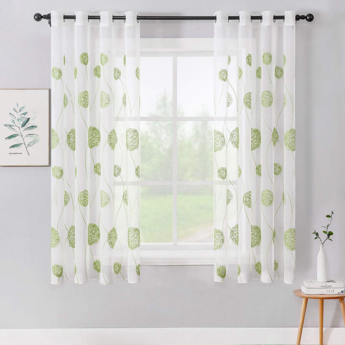 Gordijnen met bloemenborduurwerk, gordijnen wit met groen patroon voor woonkamer, slaapkamer, gordijn transparant met oogjes, set van 2 voile bloemen, doorzichtige gordijnen, elk 160 x 140 cm