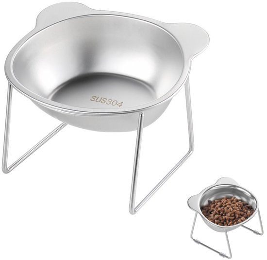 Roestvrijstalen voerbak voor huisdieren op een metalen standaard, met een kleine voerbak ernaast.