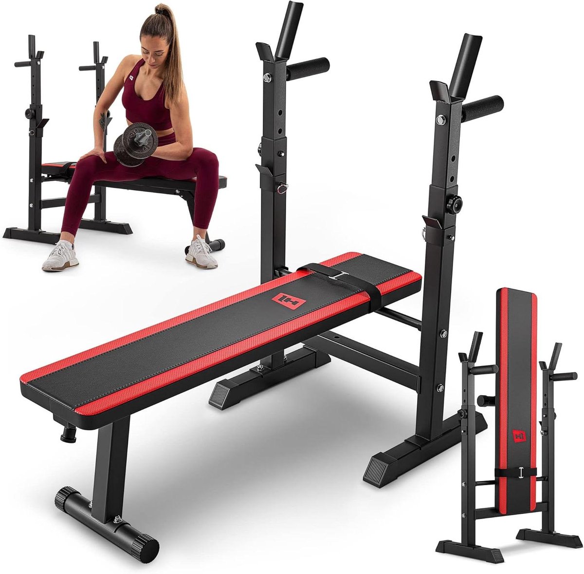 Fitness Bank - Trainingsbank Halterbank - Kracht Training - Inklapbaar Ruimtebesparend - 250 kg Belasting - Rood