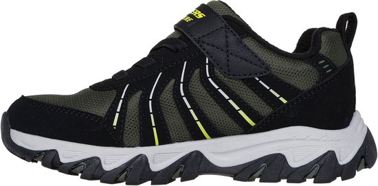 Zijaanzicht van een zwarte, groene en grijze kinder sneaker met klittenbandsluiting, veters en decoratieve witte en gele lijnen.