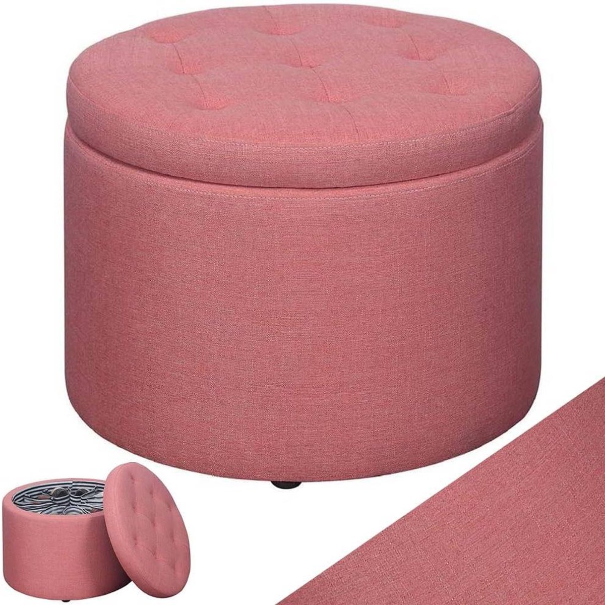 Zitkruk met opbergvakken - Voetenbank hocker - Extra zitplaats - 12 binnenvakken - 40 x 40 x 40 cm - Roze