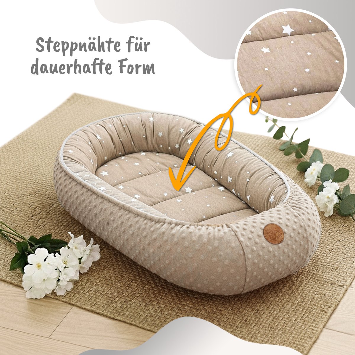 Knus Baby Nestje Pasgeborene – zacht draagbaar en comfortabel Nest voor Ledikant Kinderbed Wieg Babykamer en Onderweg – behaaglijk voor Jongen & Meisje 90x50 cm Beige met Witte Sterren – foto 4