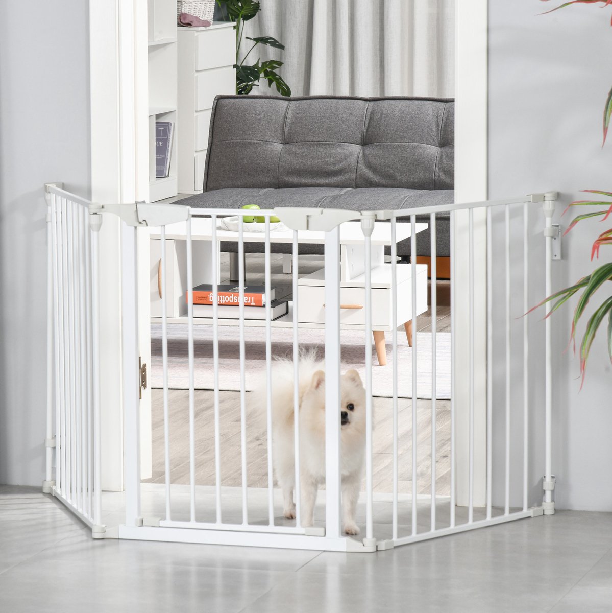 MIVRAY Hondenhek – 3 Elementen Met Automatisch Sluitende Deur – 180 x 3 x 74,5 cm – Metaal – Wit – Opvouwbaar Voor Deuropeningen En Trappen