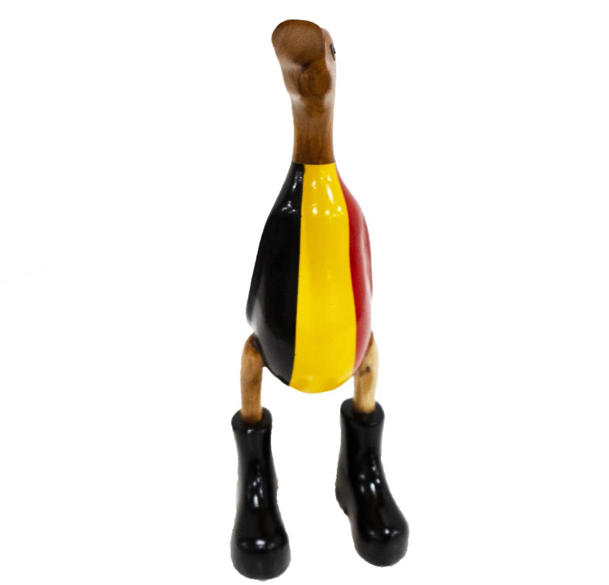 JoJo Living Woonaccessoires - Houten eend met laarzen en vlag van België - 33 cm - Handgemaakt - Belgium - Belgische vlag - zwart - geel - rood - Bamboe