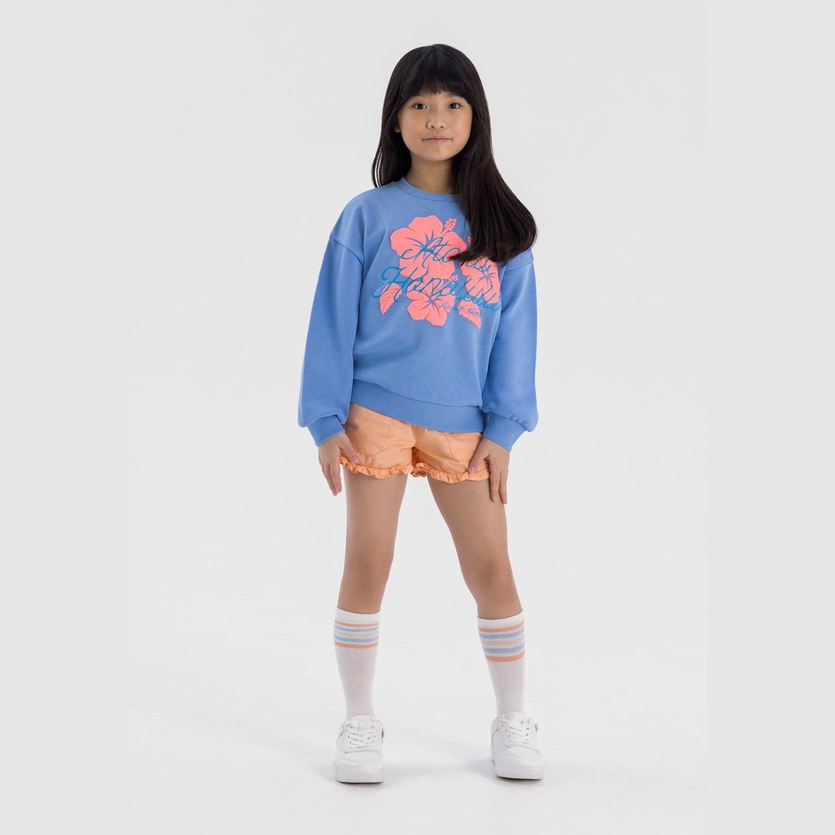 Minoti fleece sweater meisjes met hibiscusprint - katoen - blauw