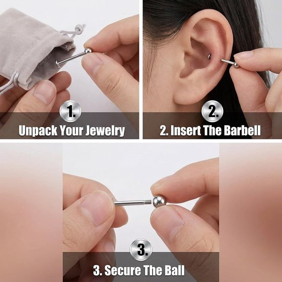 Tragus-piercing voor heren, 10 stuks, zilver, 16G, chirurgisch staal, labret, helix, 4-12 mm, kogels 3 mm — afbeelding 3